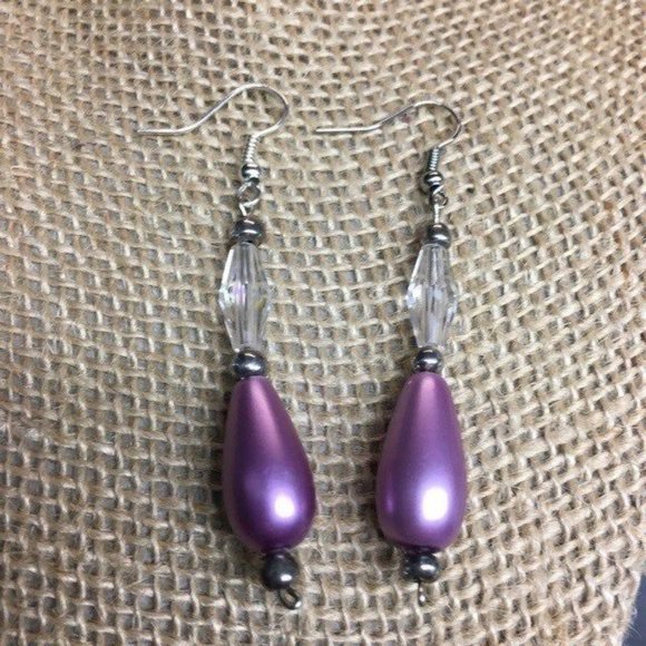 Dangle Pierced Earrings Purple Clear Faceted Silver Retro BoHo - Picture 2 of 3